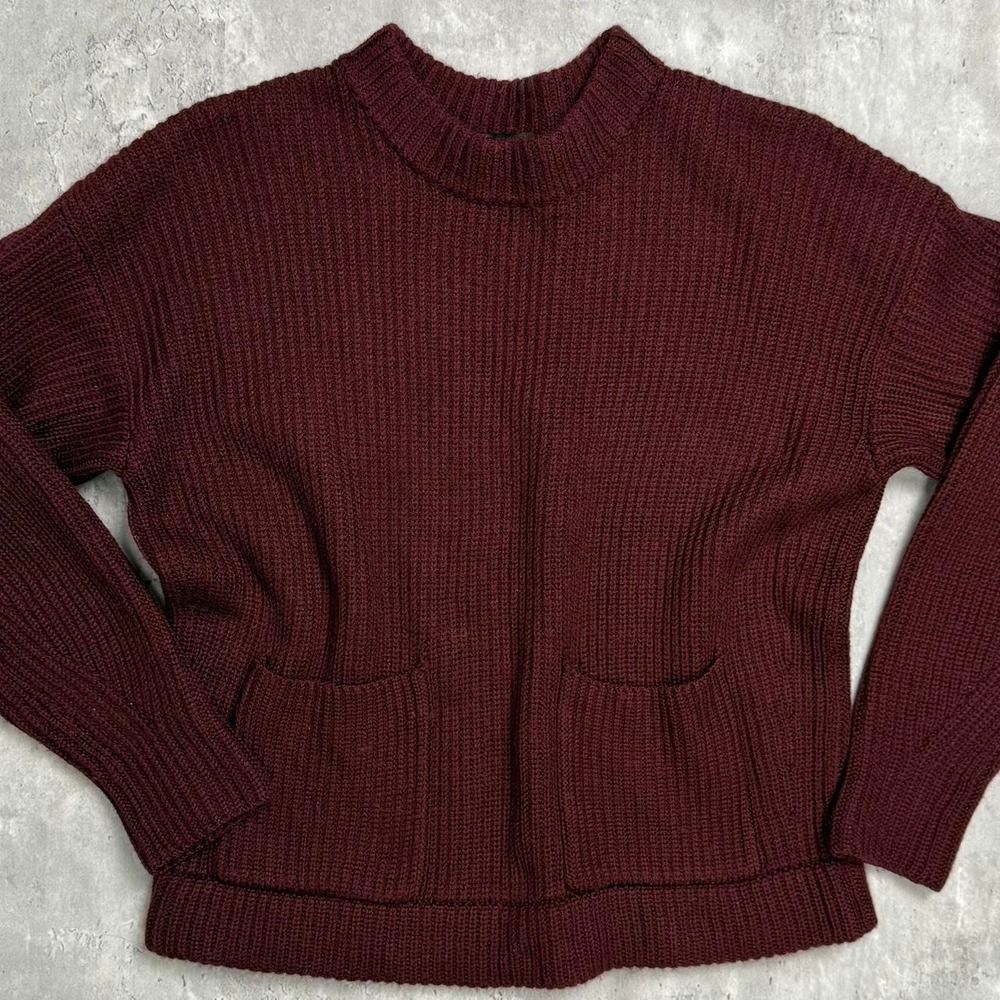 Ann Taylor Womens Burgundy Ribbed Knit Crew Neck Sweater with Pockets Size M